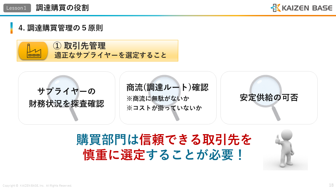 ① 取引先管理：適正なサプライヤーを選定することについて説明するスライド